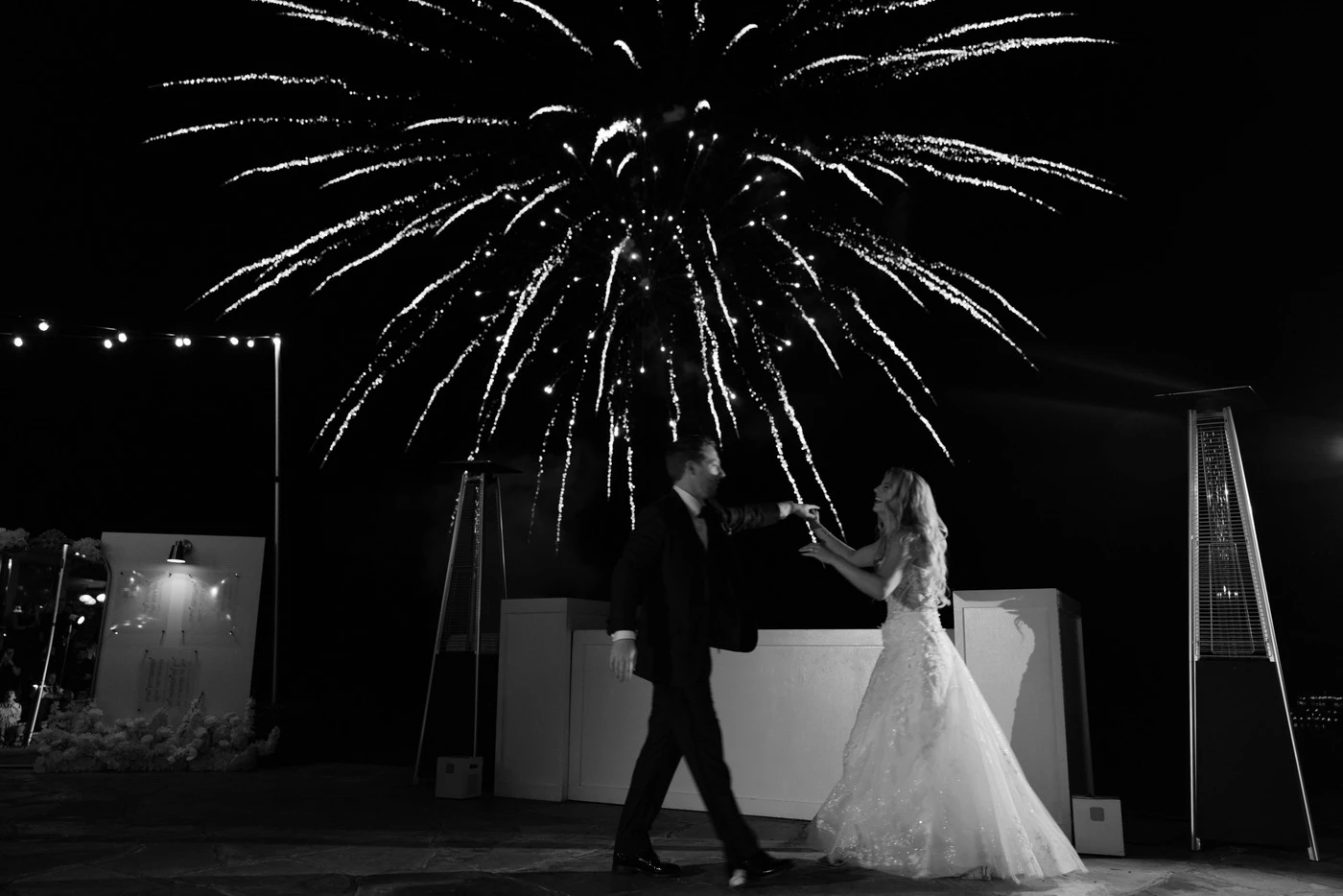 Fireworks bursting over the first dance